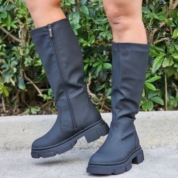 Women's Mid Calf Boots Round Toe Black Color - Picture 3 of 6